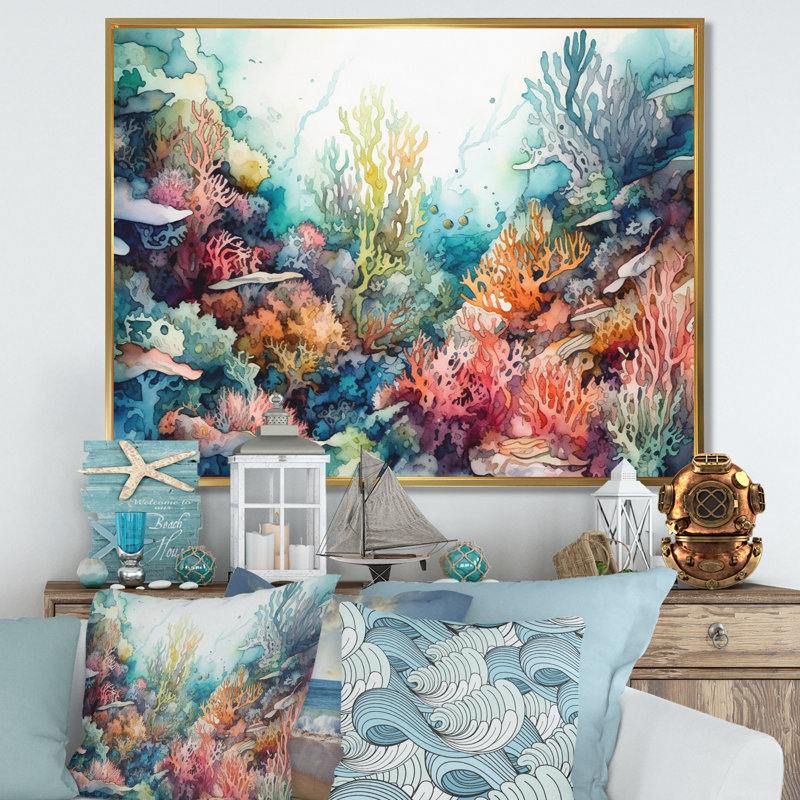 «Vibrant Coral Reef III - Modern Beach», art mural, H 12 po x l 20 po x P 1 po, Cadre flottant doré
