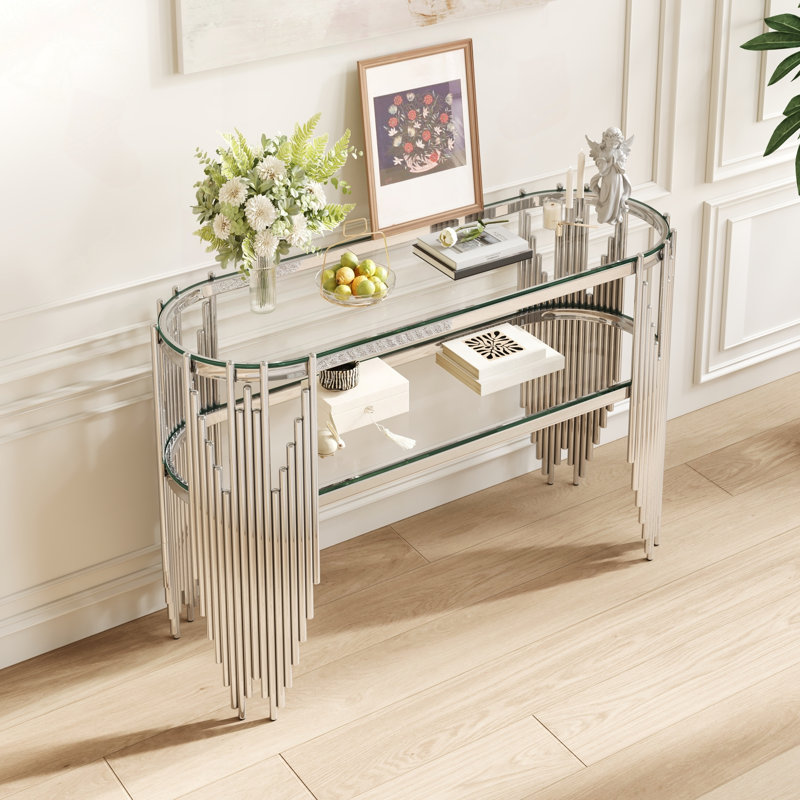 Console de luxe argentée avec tablettes en verre à 2 niveaux, Transparent, Argent et transparent