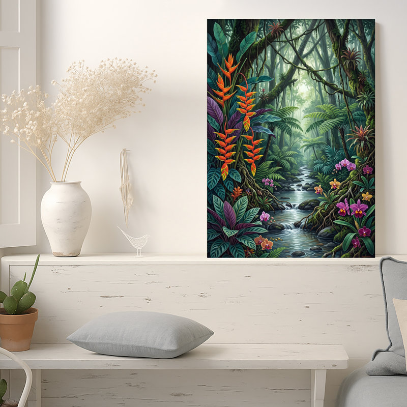 Art mural sur toile, "Tropical Jungle Stream" avec Heliconia orange et orchidées mauves, H 48 po x l 32 po