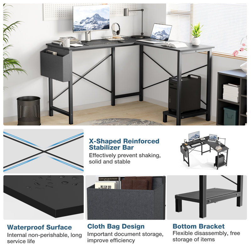 2-Set L-Shaped Computer Desk with Desk Monitor Stand and Side Storage Bag, Black