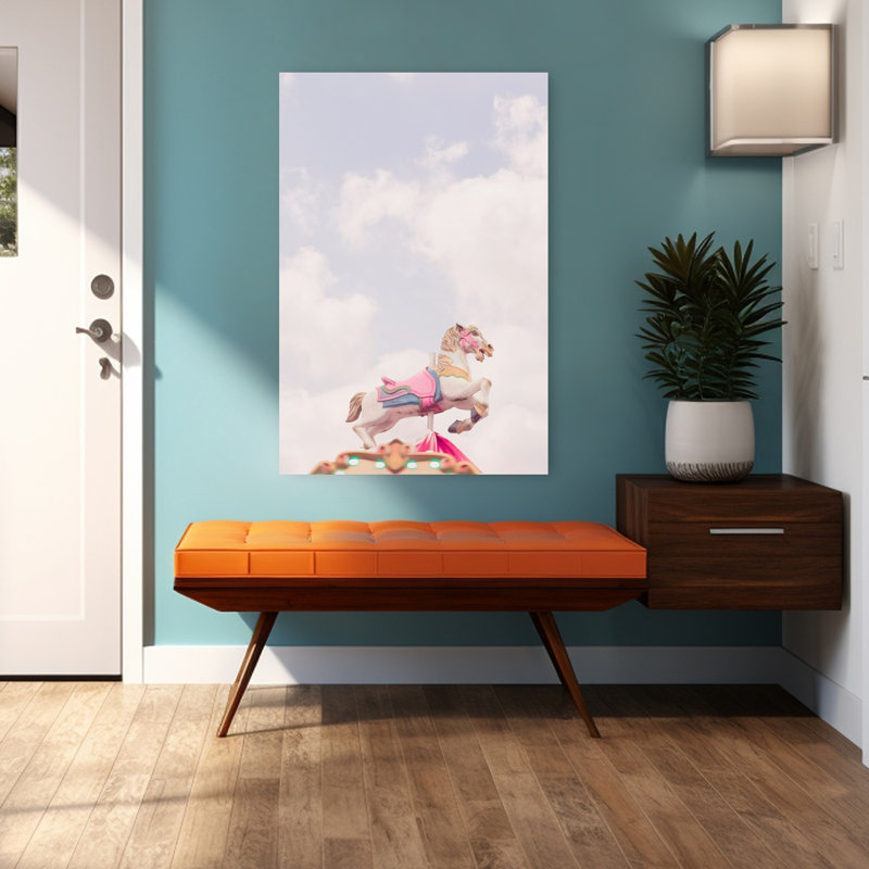 Affiche murale représentant un cheval de carrousel onirique, une architecture équestre contemporaine et fantaisiste
