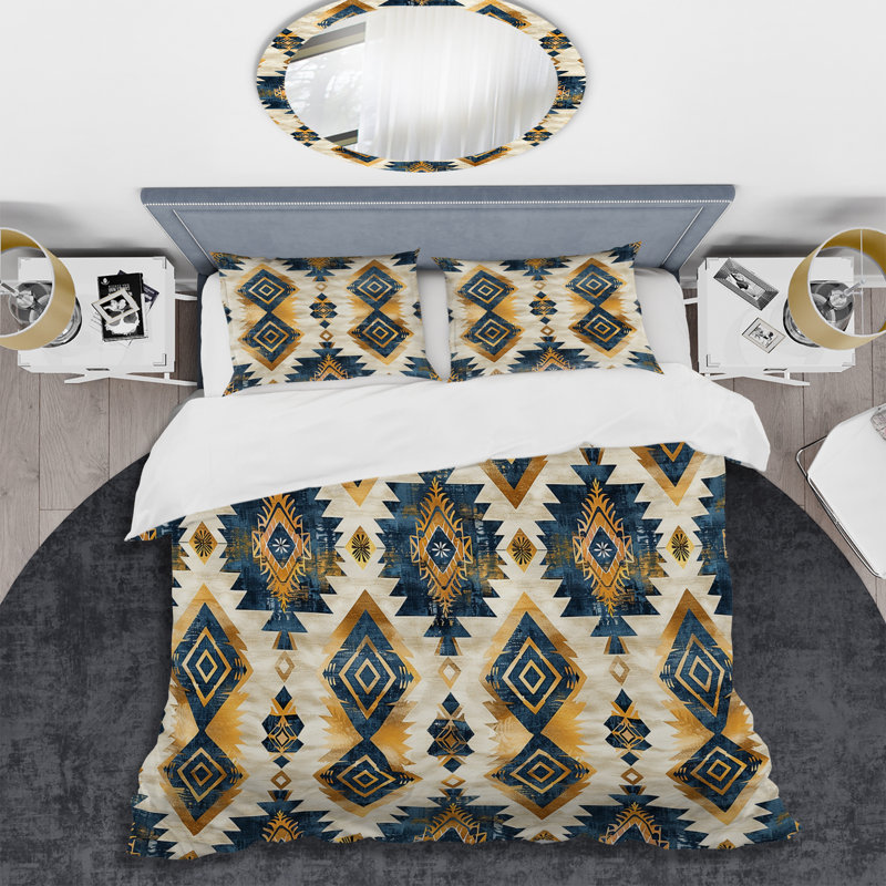 Ensemble de housse de couette géométrique rétro bleu géométrique Navajo II, Housse de couette très grand et 2 très grandes t