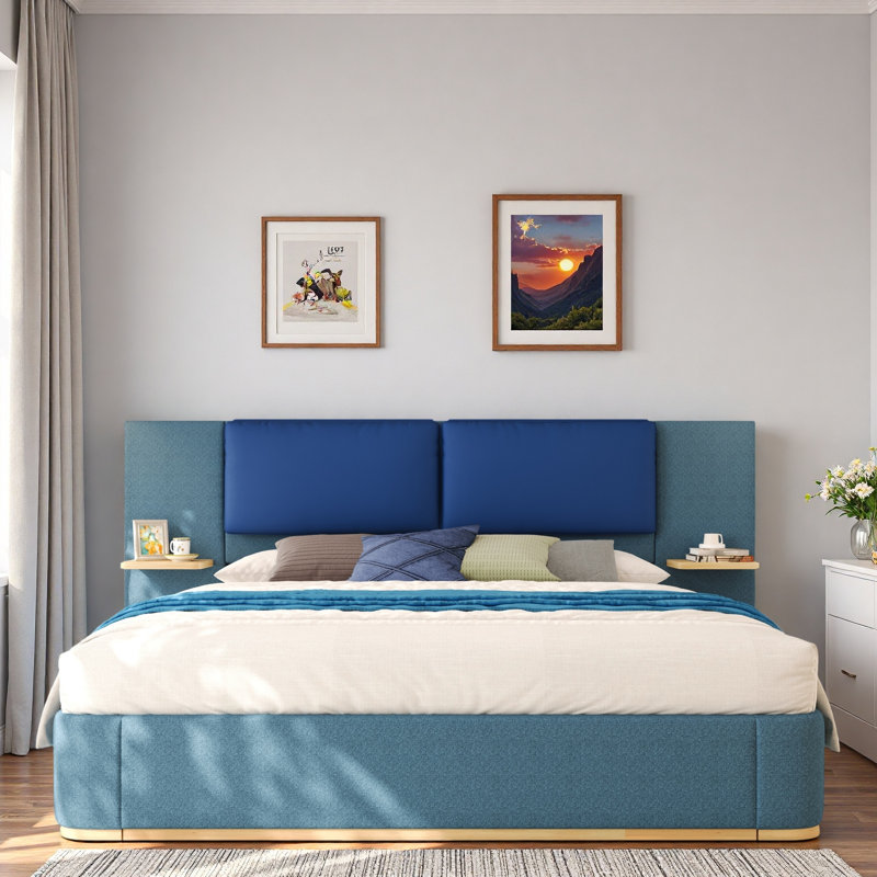 Lit plateforme tapissier avec tablettes, Très grand lit, Bleu