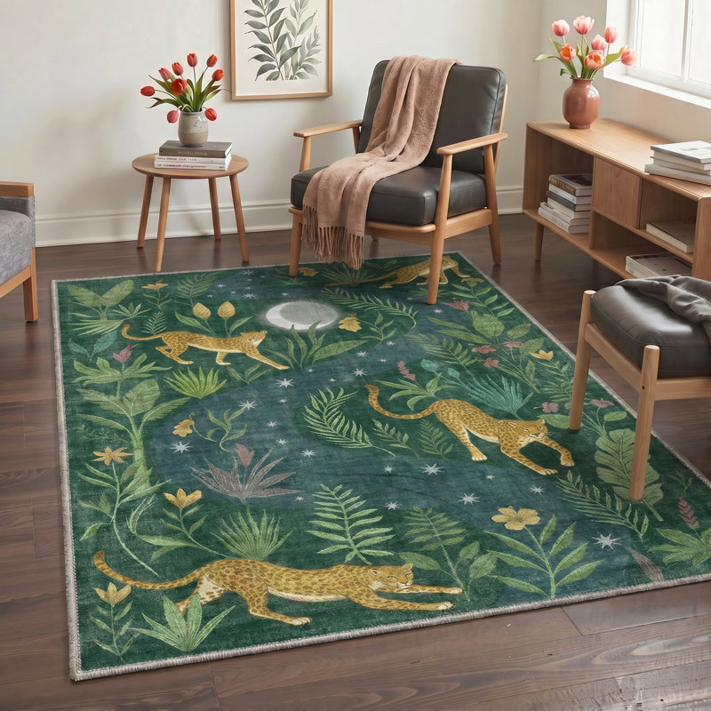 Alcoa Aura Silk Animal Print Machine Washable Green / Yellow Indoor Area Rug with Non-Slip Backing, Rectangle 5' x 7'