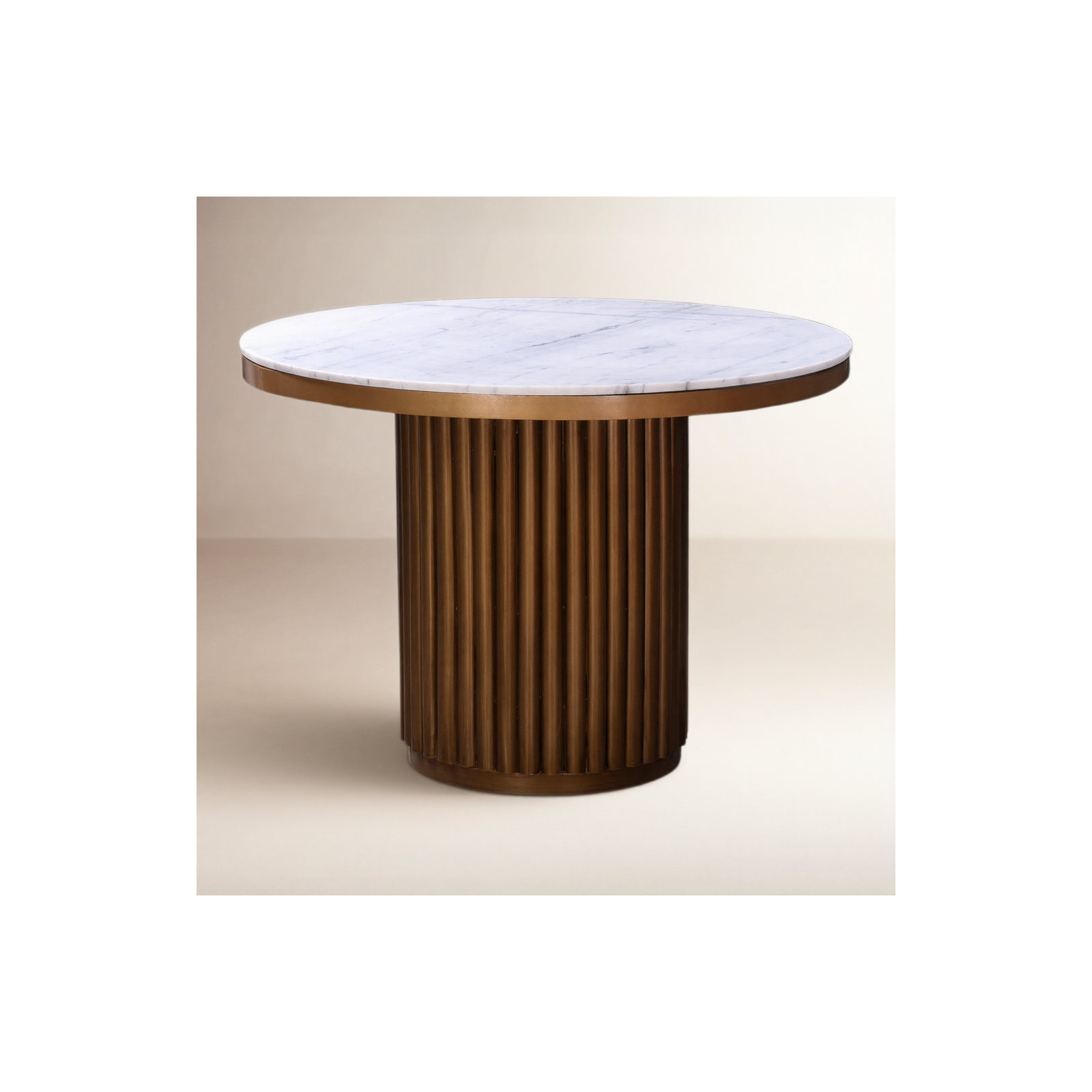 Ione 42" Pedestal Dining Table, White Marble/Antique Brass