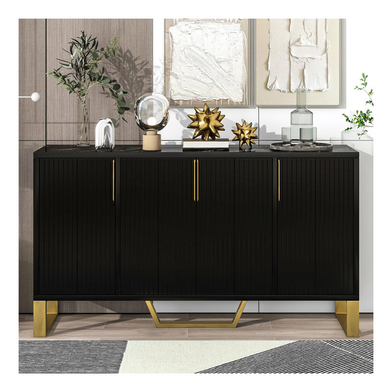 Armoire de cuisine moderne avec quatre portes, poignées et pieds en métal et tablettes réglables (noir), Noir