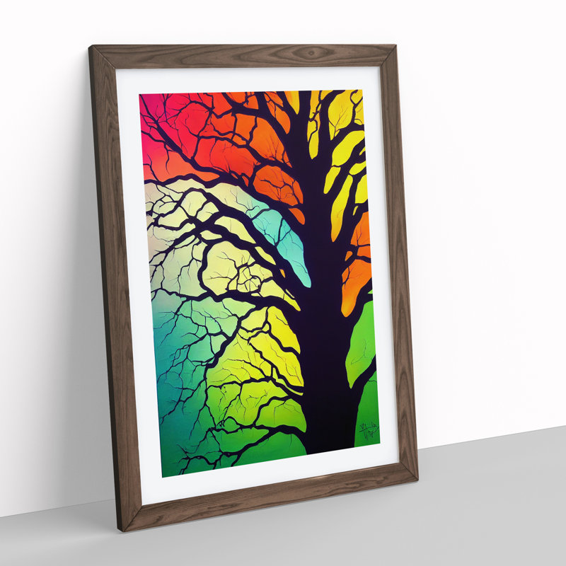 Colourful Abstract Tree No.6 - Wall Art, 66cm H x 48cm W x 2cm D, Walnut Framed, White