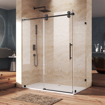 60" W X 34" D X 76" H Sliding Frameless Shower Enclosure With 3/8 Inch Clear Glass Matte Black