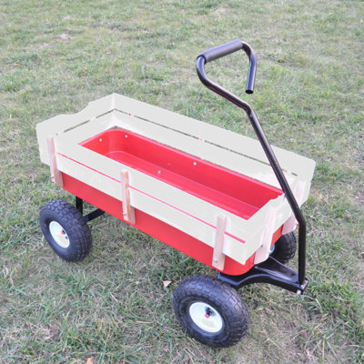 Outdoor Wagon All Terrain Pulling Wood Railing Air Tires  Garden Cart (Red+White) -  Go Peak Track, GPTYX07717A