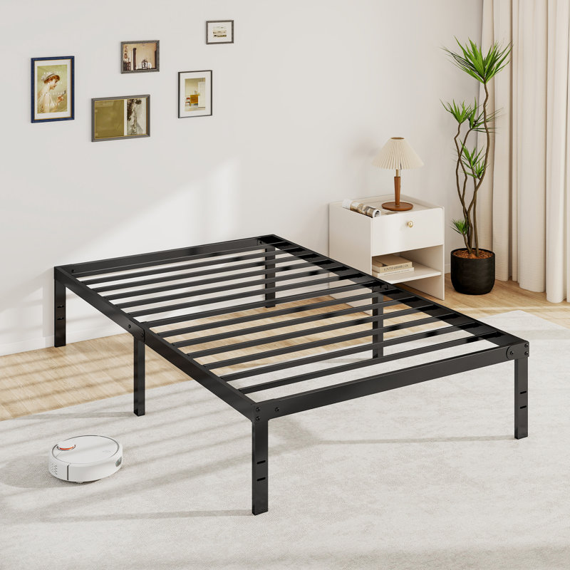 Lutherville 16'' Black Metal Platform Bed Frame With Steel Slat Support, No Box Spring Needed, Twin, 16"