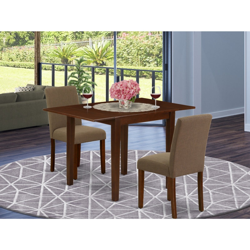 3 Piece Kitchen Table Set Contains a Rectangle Dining Room Table with Dropleaf and 2 Coffee Linen Fabric Parson Dining Chairs, Mahogany