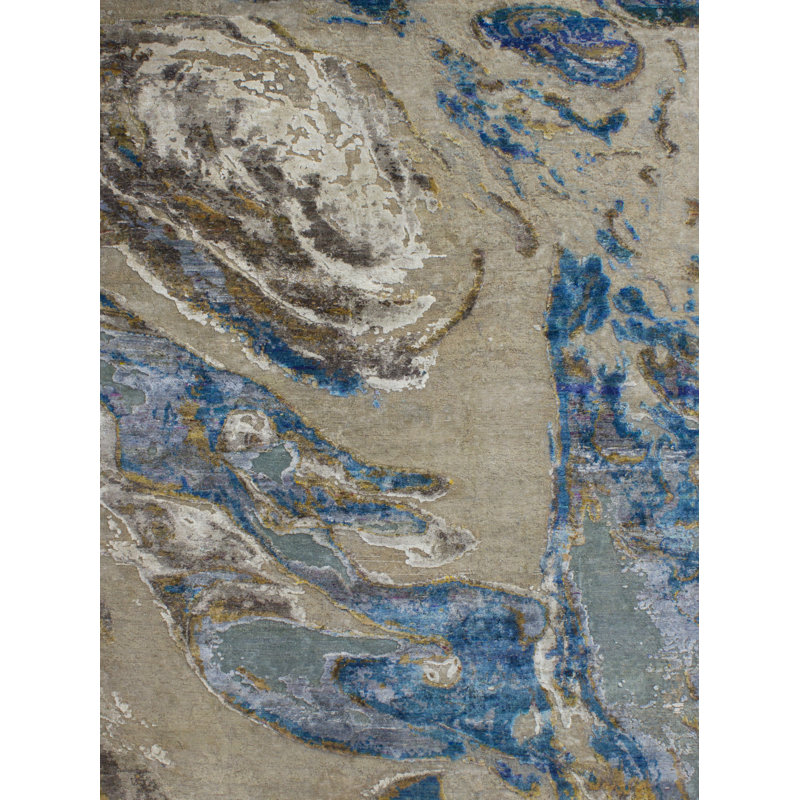 Odyssey Modern Clouds Ocean Coastal Distressed Beige Turquoise Aqua White Wool and Natural Silk Hand-Knotted Area Rug