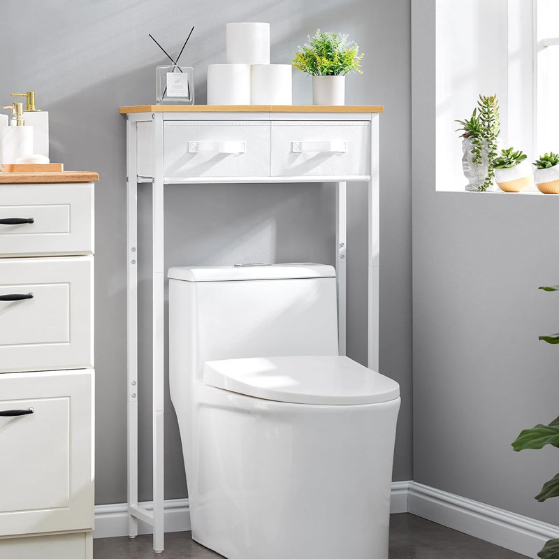 2-Tier Over The Toilet Storage With 2 Fabric Drawers, Freestanding Above The Toilet Storage Cabinet, Space Saver Metal Over Toilet Bathroom Organizer Shelf For Small Space