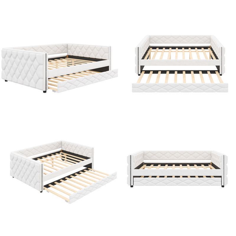 87" Wide Full XL Daybed Sofa with Trundle, Upholstered Sleeper Bed with LED Lights, White