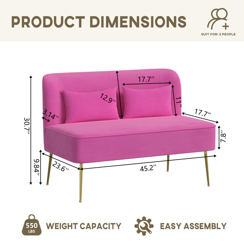 High-end 2-Seater Velvet Loveseat Couch With Pillows For Living Room, Pink