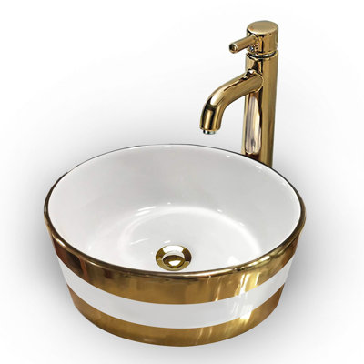 16'' White/Gold Ceramic Circular Vessel Bathroom Sink