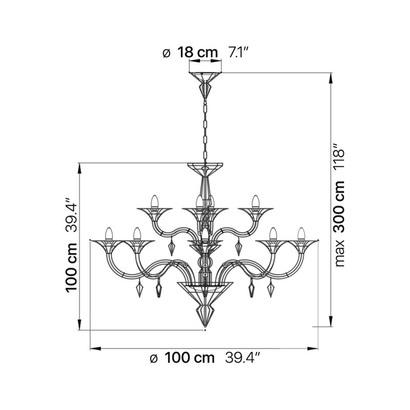 Dedalo 12 - Light Chandelier, Satin Gold