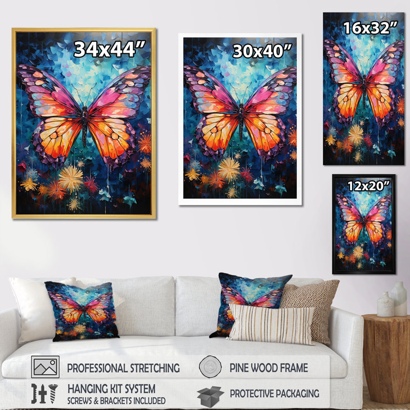 «Butterfly Fauvist Flutter I», reproduction sur toile, Cadre simple noir, H 32 po x l 16 po x P 1 po