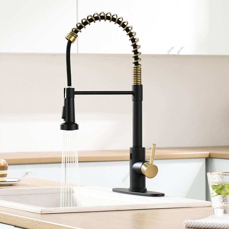 Robinet de cuisine sans contact avec douchette rétractable - Mains automatiques Smart, noir et or, contemporain, acier inoxydable, remplissage en céramique Smart Touchless
