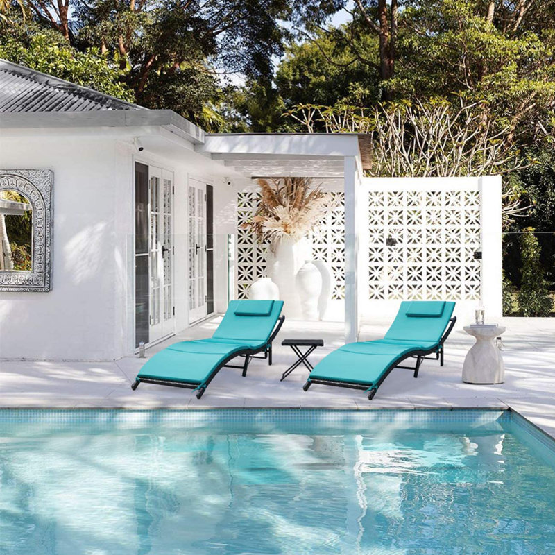 Ensemble de chaises longues d'extérieur réglables pour patio 3 pièces, Bleu