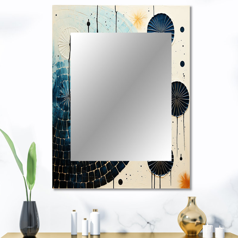 Bleu sarcelle jaune Mid Century Minimalist Rain III - miroir minimaliste, miroir mural moderne unique, impression d'art en métal