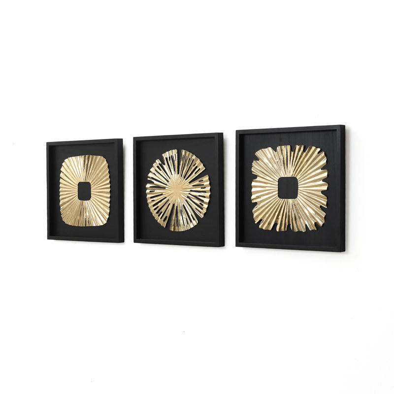 3-Piece Modern Black & Gold Abstract Metal Wall Art Set, Contemporary Home Decor