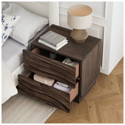 Table de chevet moderne en bois massif avec 2 tiroirs - Table de chevet moderne, sans poignée pour la chambre à coucher et le salon, brun