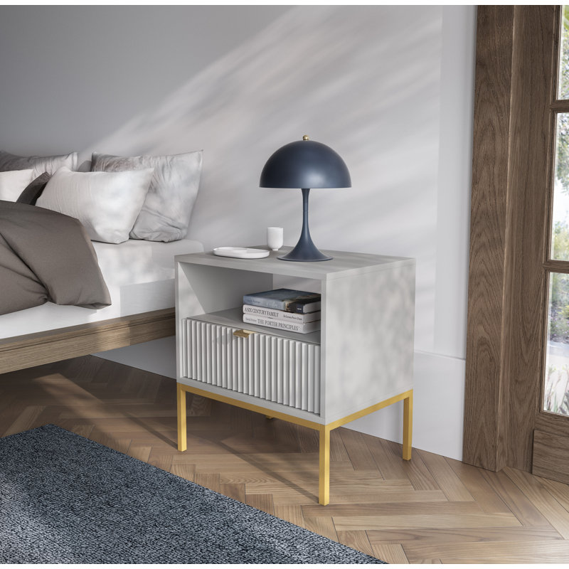 Bernhardine 54cm W Steel Bedside Table, Golden, Light Grey