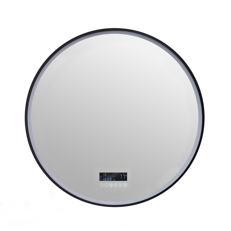 Round Black LED Bathroom Vanity Mirror with Bluetooth and Digital Display