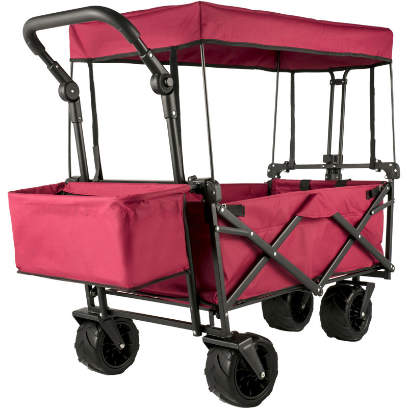 Chariot utilitaire de jardin pliable avec roues, très grand chariot pliant avec auvent amovible et rangement arrière, parfait pour le camping, l'épicerie, le magasinage (rouge) | Idée de cadeau