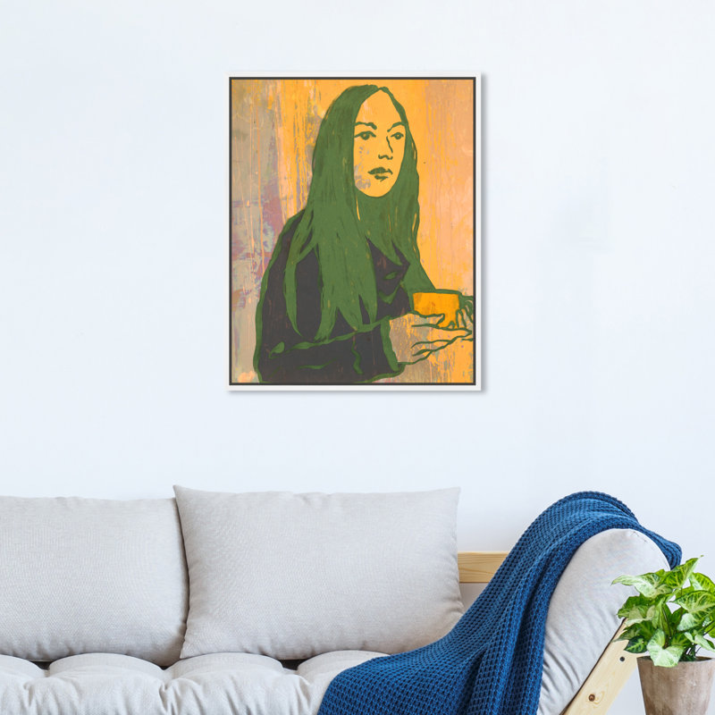 Lady Green Tea - peinture sur toile, H 20 po x l 16 po, Toile blanche encadrée