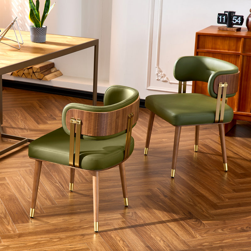 VBANPA Modern Dining Chairs Set Of 2, Mid-Century Upholstered Leather Dining Chairs With Thick High-Resilience Foam Cushion For Maximum Comfort, Walnut Wood Veneer & Gold Metal Legs, Dining Chairs With Anti-Slip Pads For Kitchen And Dining Room