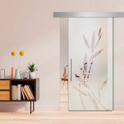 Porte de grange coulissante en verre sans cadre avec motif givré moderne et ensemble de quincaillerie (semi-privée)