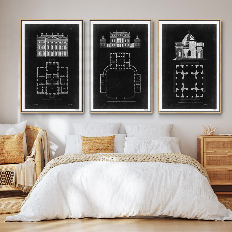 " Graphic Building & Plan I " 3 - Pieces, 36" H x 72" W, Natural Wood Framed