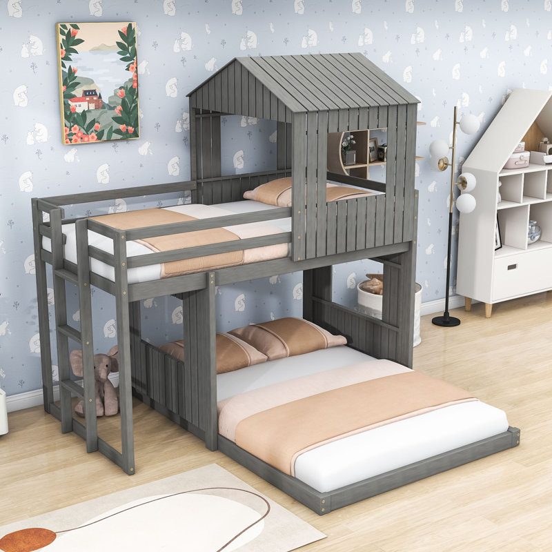 Awudi Kids Twin Over Full Wood Bunk Bed, Antique Gray