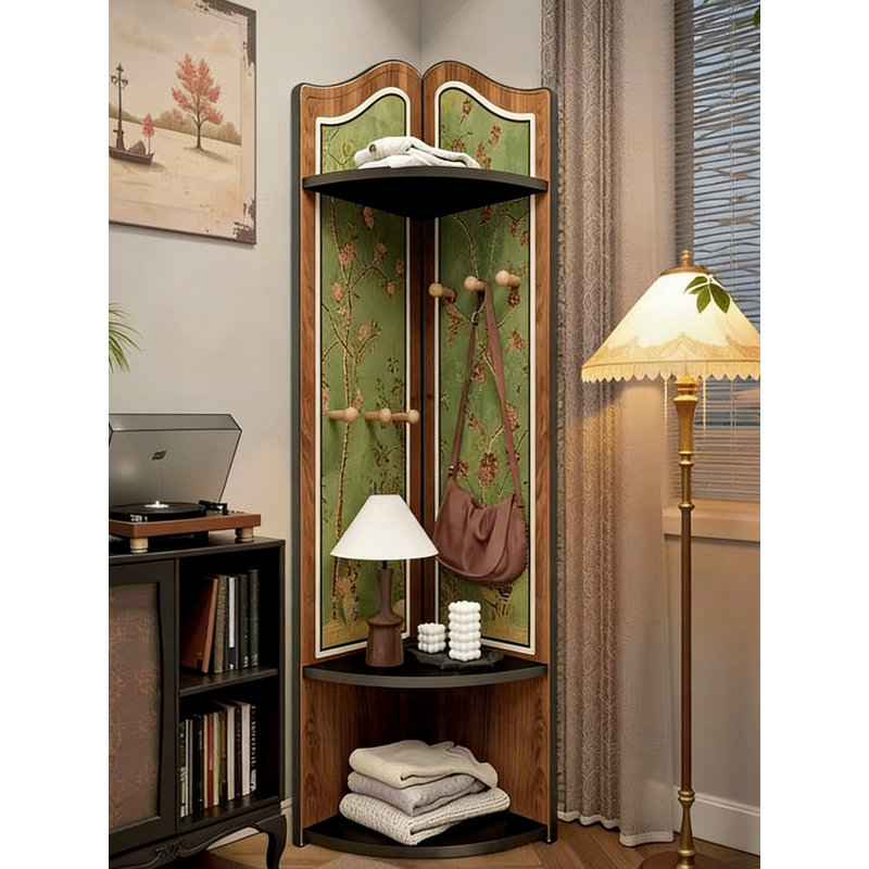 Wooden Corner Shelf with Coat Hooks - French Vintage Style Triangular Storage Rack for Bedroom, Living Room, Entryway