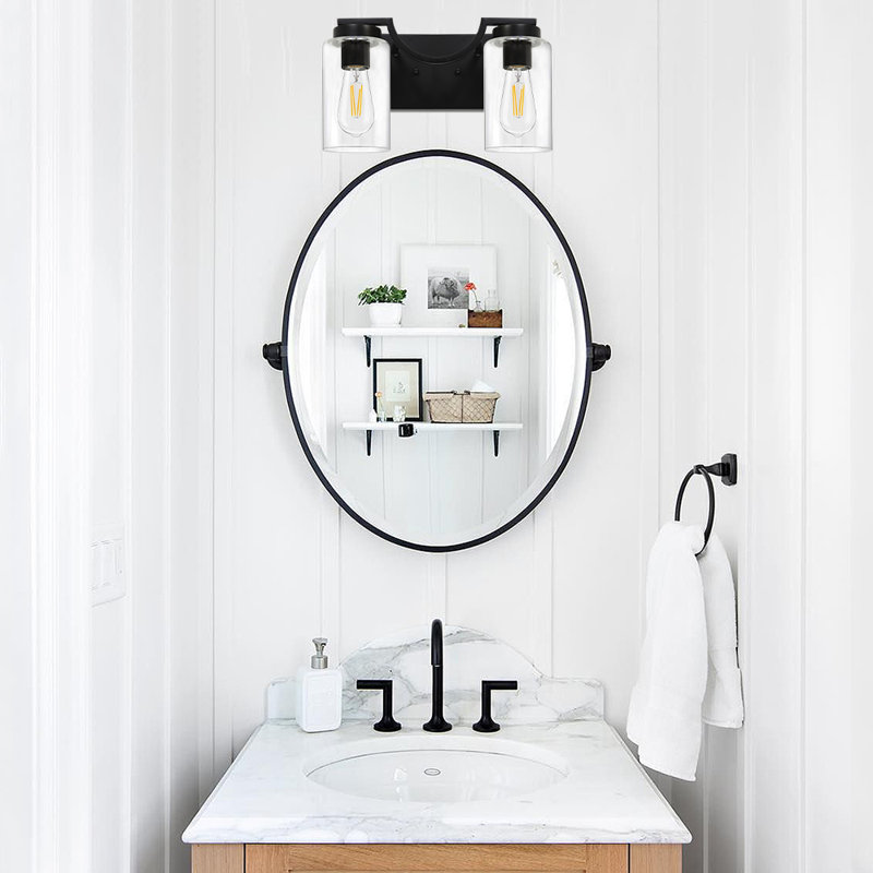 Appliques murales pour salle de bain 2 lumières à finition noire avec abat-jour en verre transparent