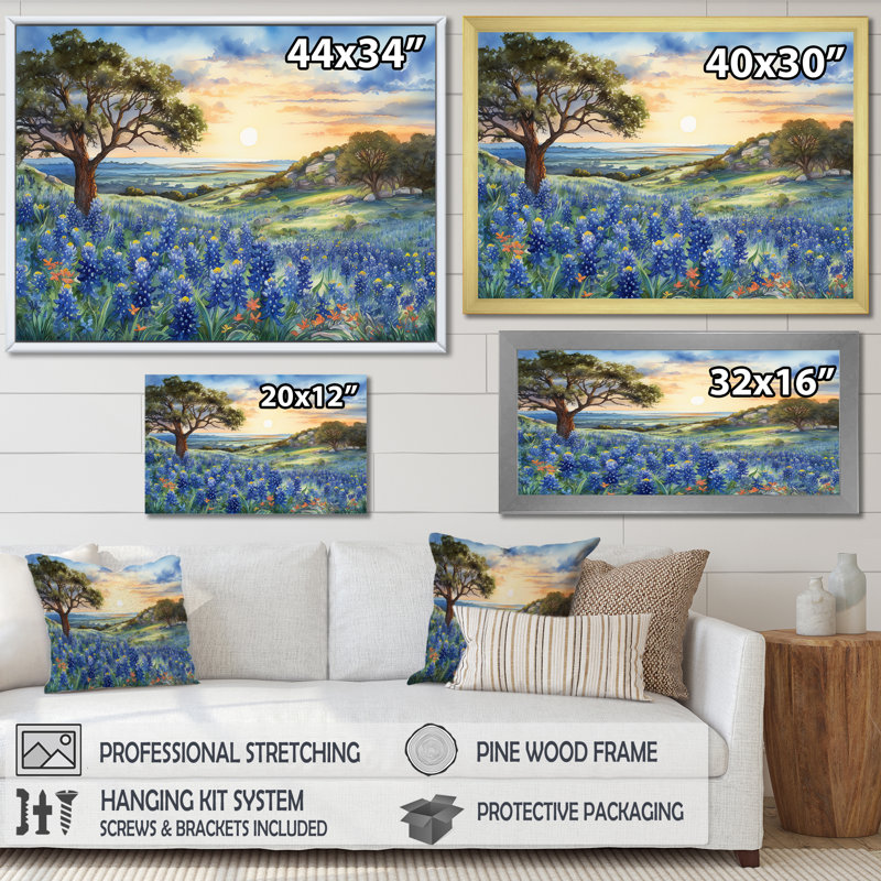 Blue Bonnets Sunset - Blue Bonnets Wall Decor, 24" H x 32" W x 1" D