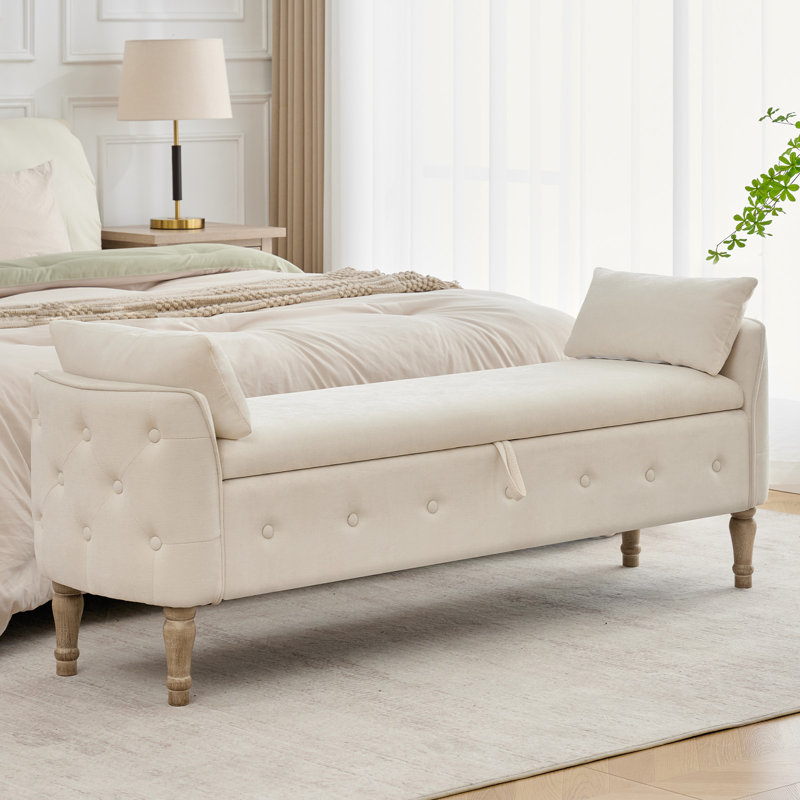 67" Linen Bedroom Storage Bench for End of Bed King Size with Tufted Armrest,Zipper Pocket, 67" W, Beige