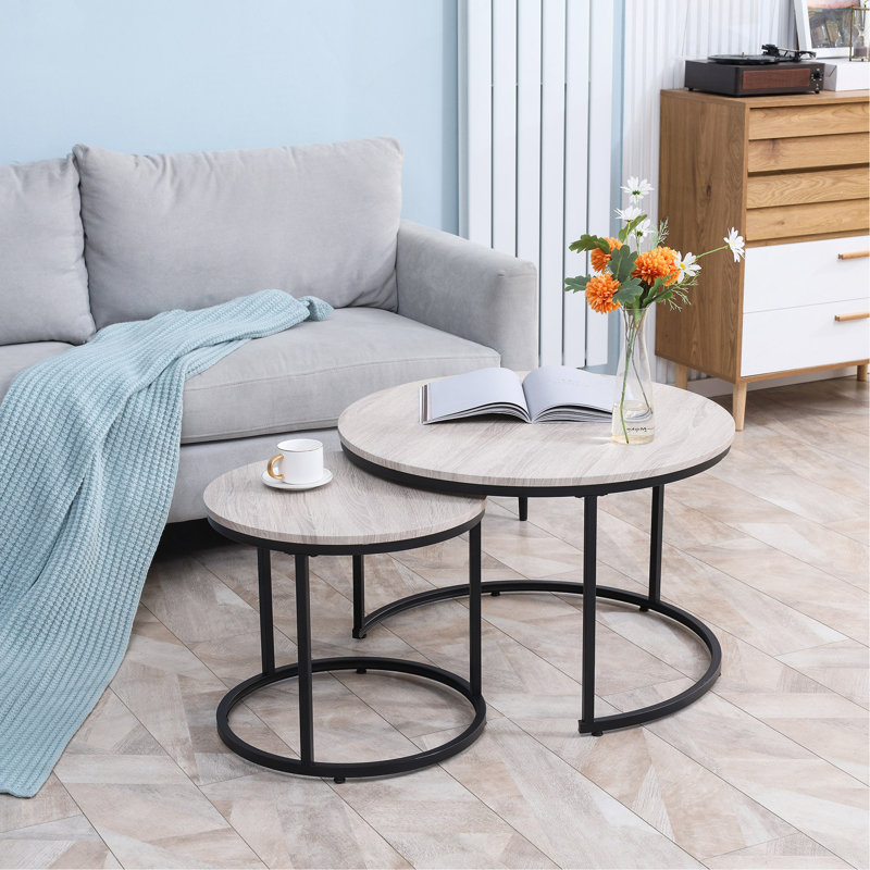 Round Nesting Tables Set Of 2, Stacking Coffee Table Set With Metal Frame For Living Room, Grey