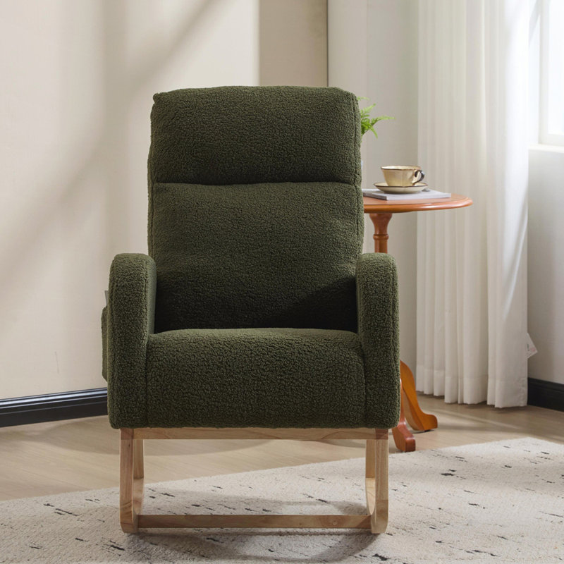 Chaise berçante d'appoint moderne avec pieds en bois massif, fauteuil de chambre de bébé rembourré, fauteuil confortable avec poche latérale, dossier haut pour le salon