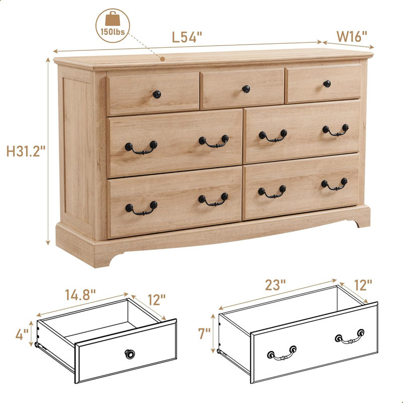 Fariah 54''W  Vintage 7 - Drawers Dresser Organizer, Wood Rustic Wide Chest of Drawers, Natural Oak