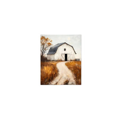 Rustic Autumn White Barn Country Road Unframed Canvas Wall Art 24" X 36"