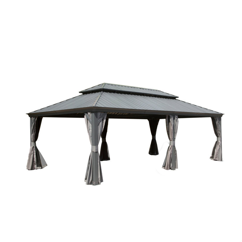 14ft Hardtop Gazebo, Outdoor Gazebo With Galvanized Steel Double Roof, Aluminum Frame, Built-In Gutter System, Curtain And Netting, Metal Gazebo Pavilion