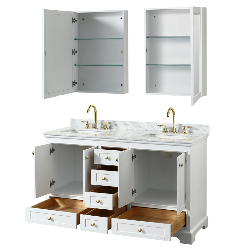 Ensemble de meuble-lavabo double 60 "avec miroir Deborah, Marbre de culture blanc, Blanc, Chrome poli
