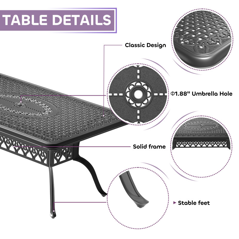 5-Piece Outdoor Dining Set, 66.93" L Rectangular Table with Umbrella Hole & 4 Chairs with 15.35" Seat Width, 4