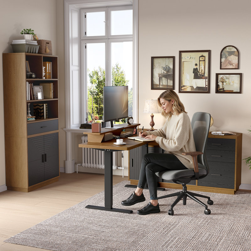 55" Standing Desk With 55'' File Cabinet, Electric Height Adjustable Standing Desk With 71'' Tall Modern Bookshelf, Home Office Furniture Set