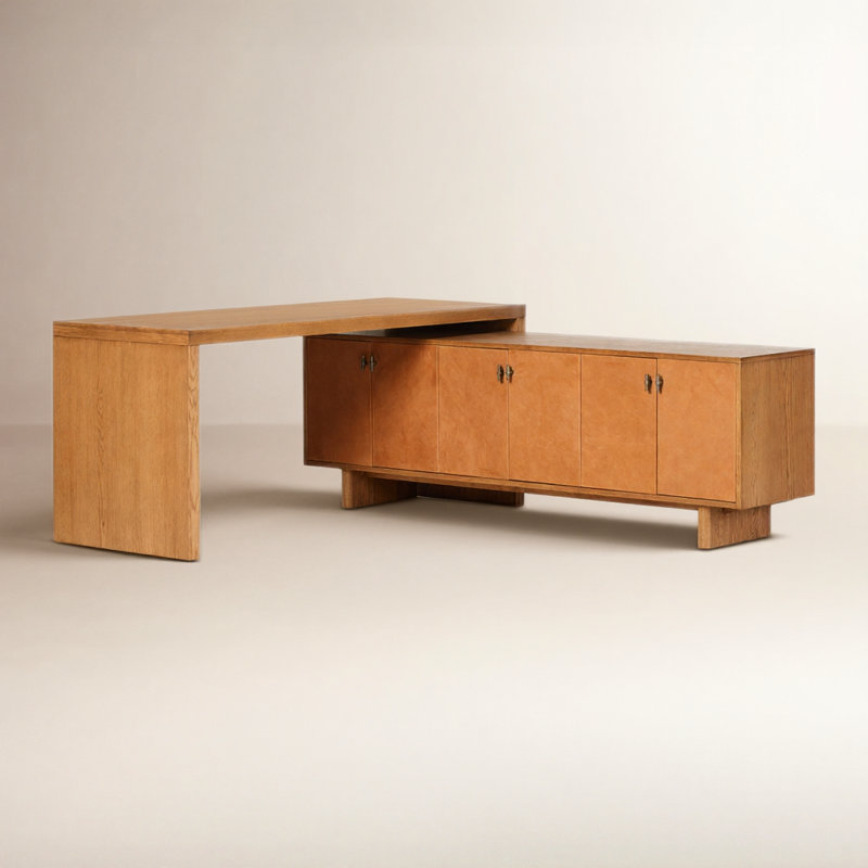 Leshawn Leshawn L-Shaped Wood Executive Desk, Amber Oak