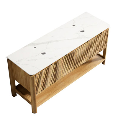 Armoire de salle de bain autoportante de 60 po, comptoir en pierre frittée blanche, aspect chêne brun, contreplaqué multicouche de haute qualité, panneaux de porte 3D, portes doubles avec meuble-lavabo silencieux