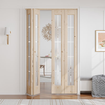 Solid Wood Glass Unfinished Bi-Fold Door With Installation Hardware Kit